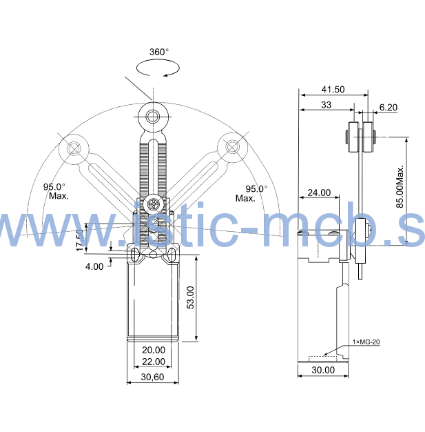 Koncový spínač s bočnou kladkou a nastaviteľnou dĺžkou páky